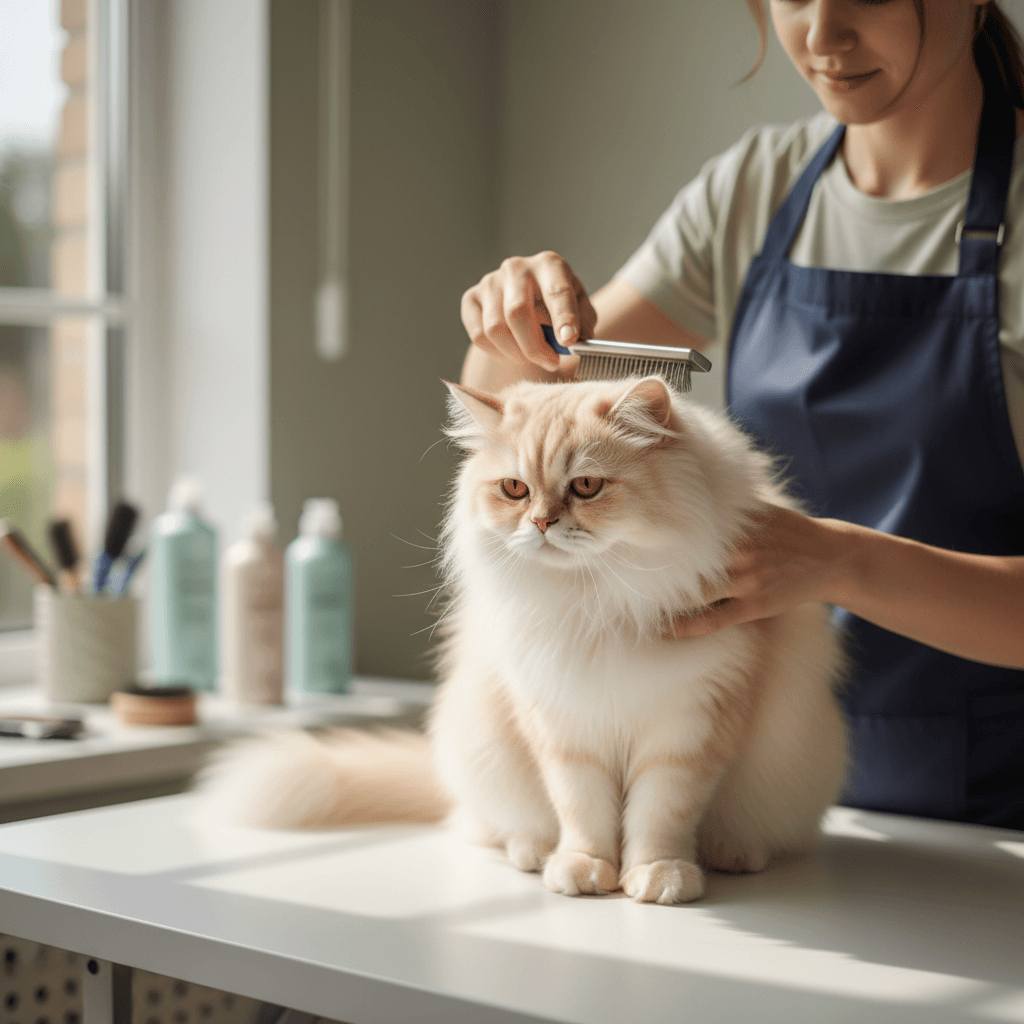 Professional groomer brushing a fluffy Persian cat on a grooming table