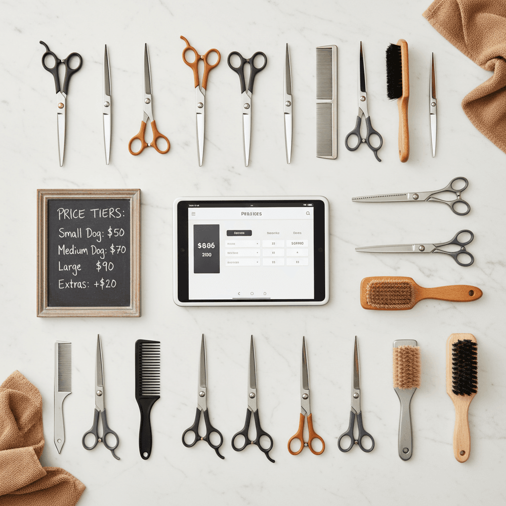 Flat lay of grooming tools and pricing chalkboard on a salon workspace