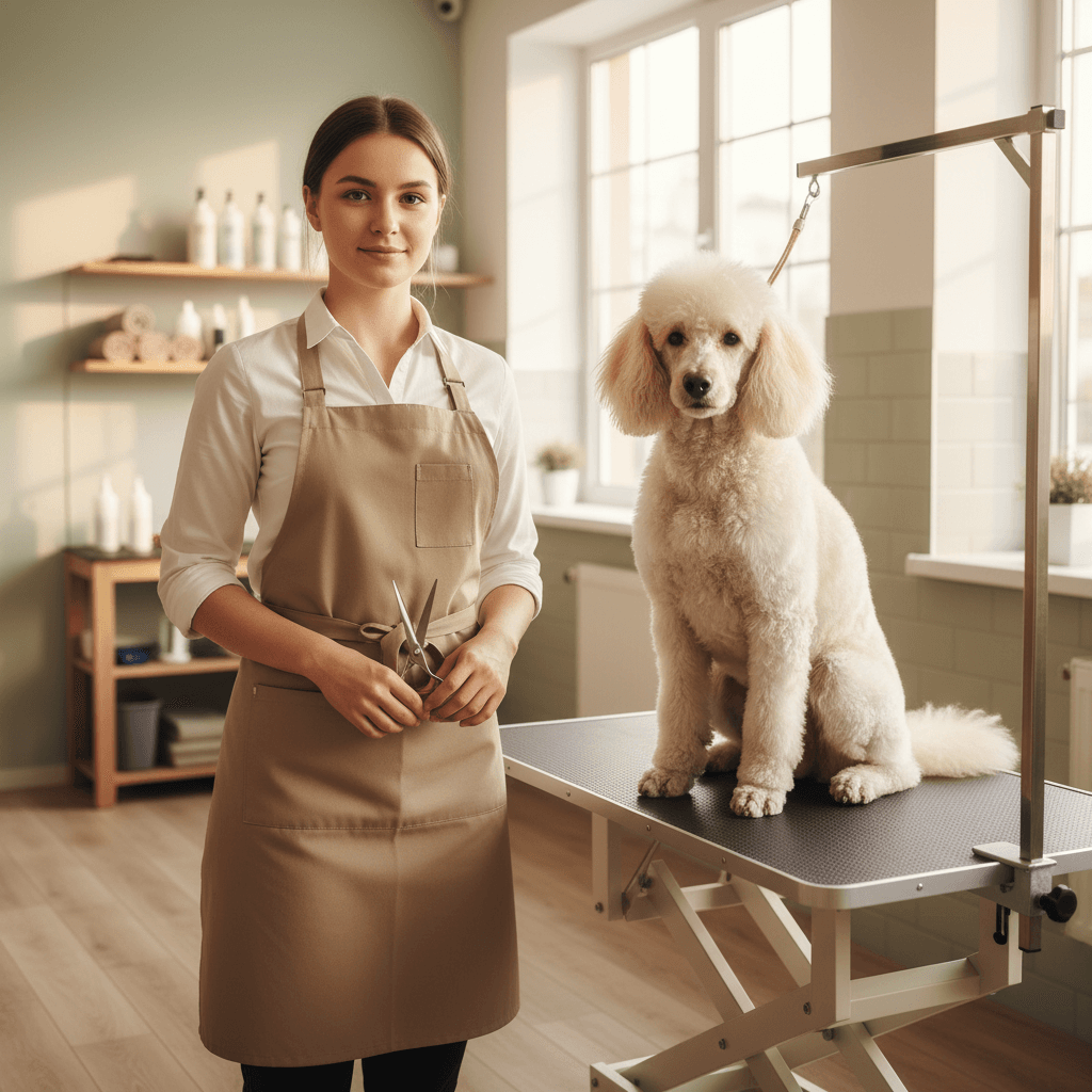 Professional dog groomer with shears standing next to a freshly groomed poodle
