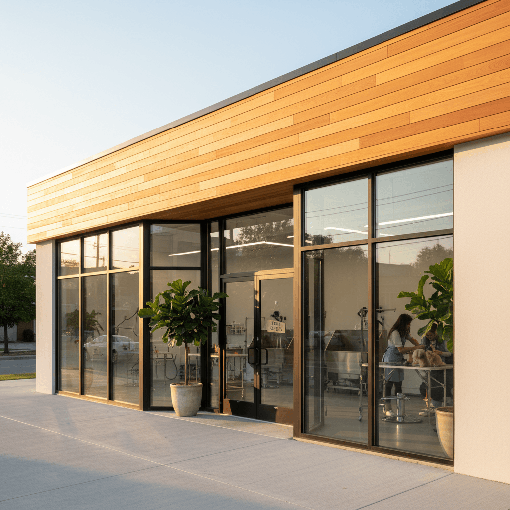 Modern pet grooming salon storefront with large windows and warm lighting