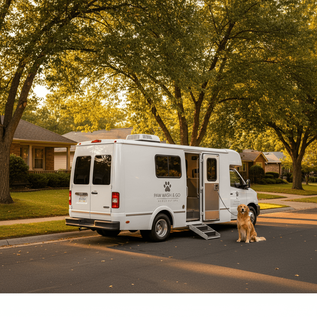 Modern mobile pet grooming van parked on a suburban street at golden hour