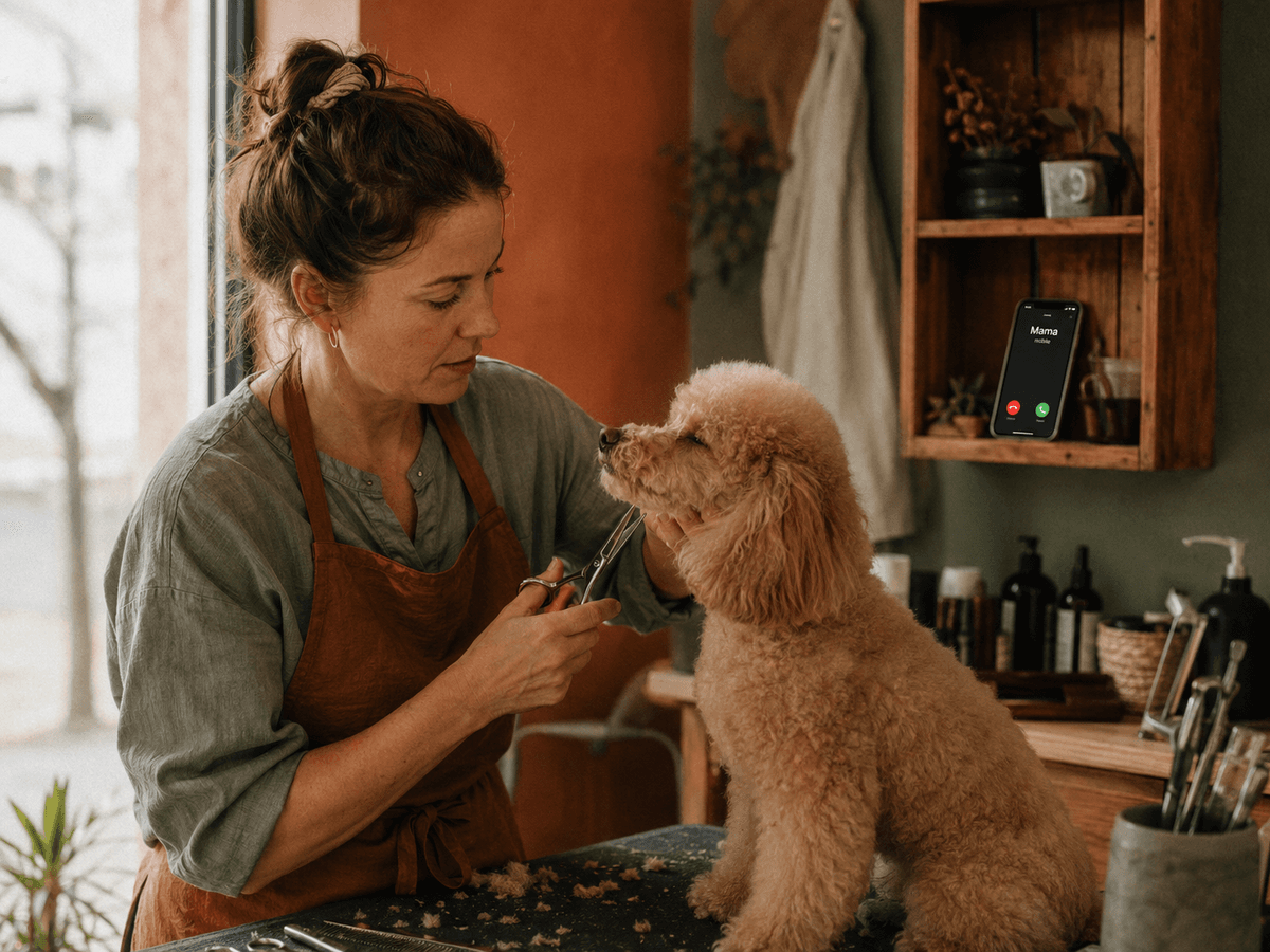 A groomer at work with a small dog while her phone rings on a nearby shelf