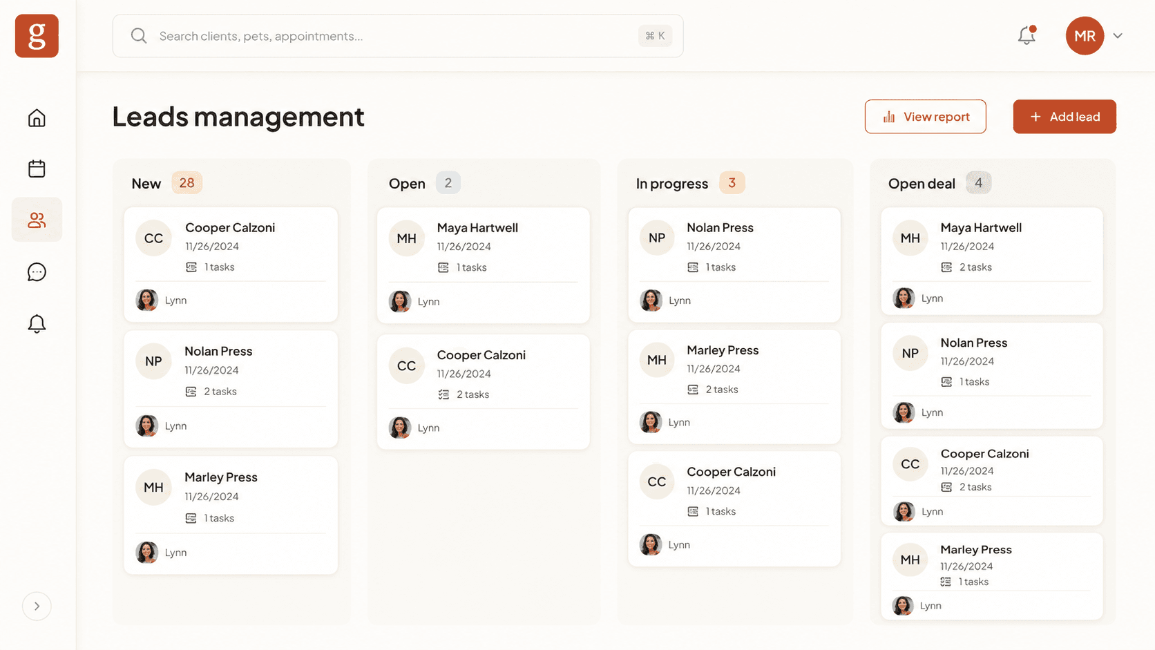 Leads management dashboard showing kanban board of new client inquiries