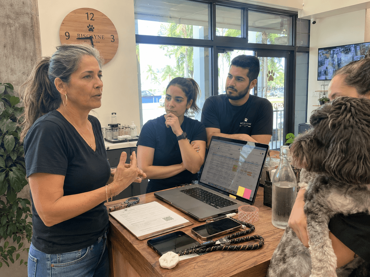 Owner of Biscayne Pet Salon mid-conversation with her two staff at the front desk