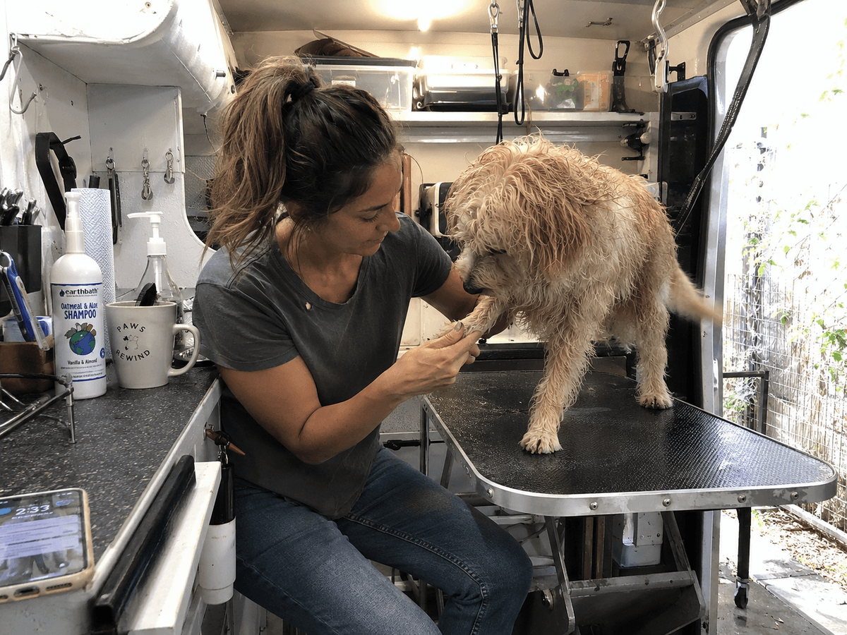 Sarah in her mobile grooming van, towel-drying a small dog while her phone sits idle on the counter