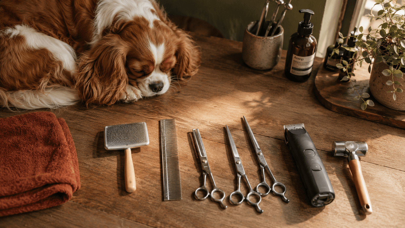 Professional pet grooming tools laid out on a clean surface