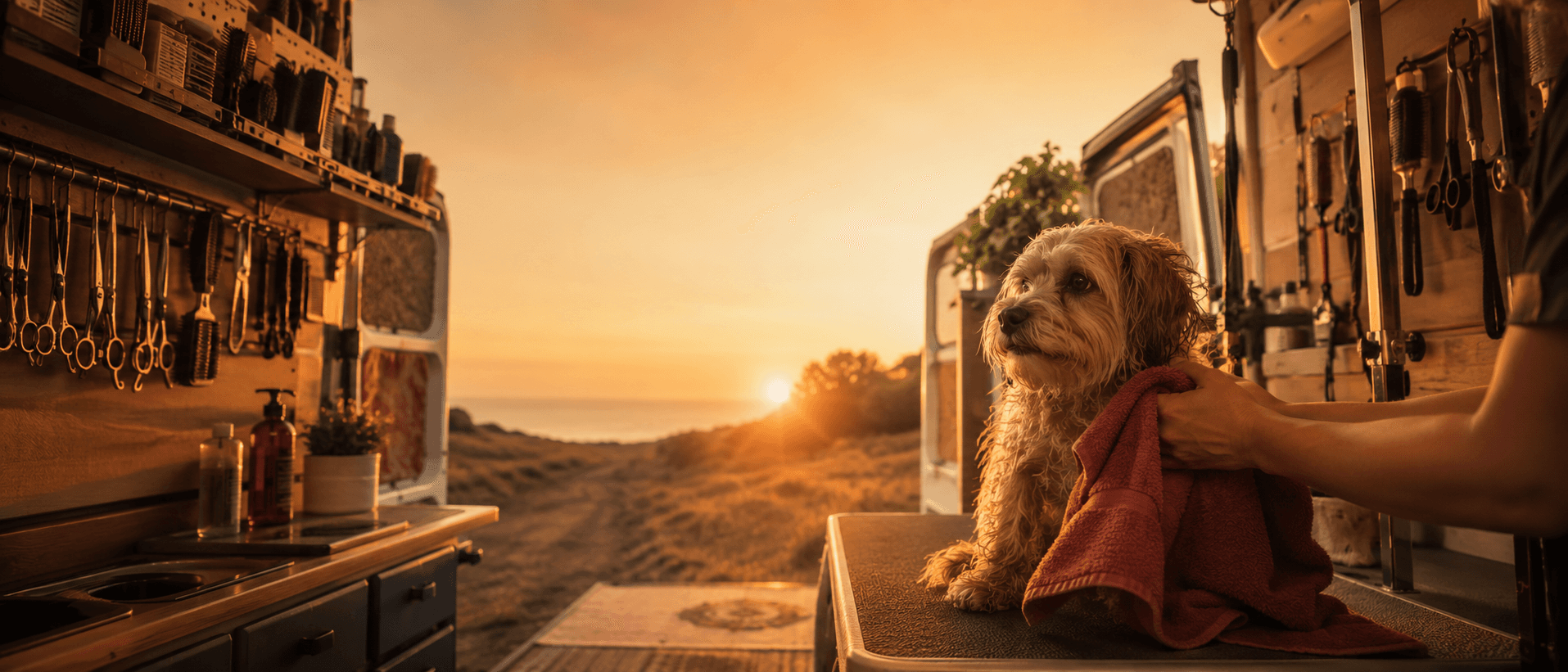 Mobile pet grooming van parked at sunset